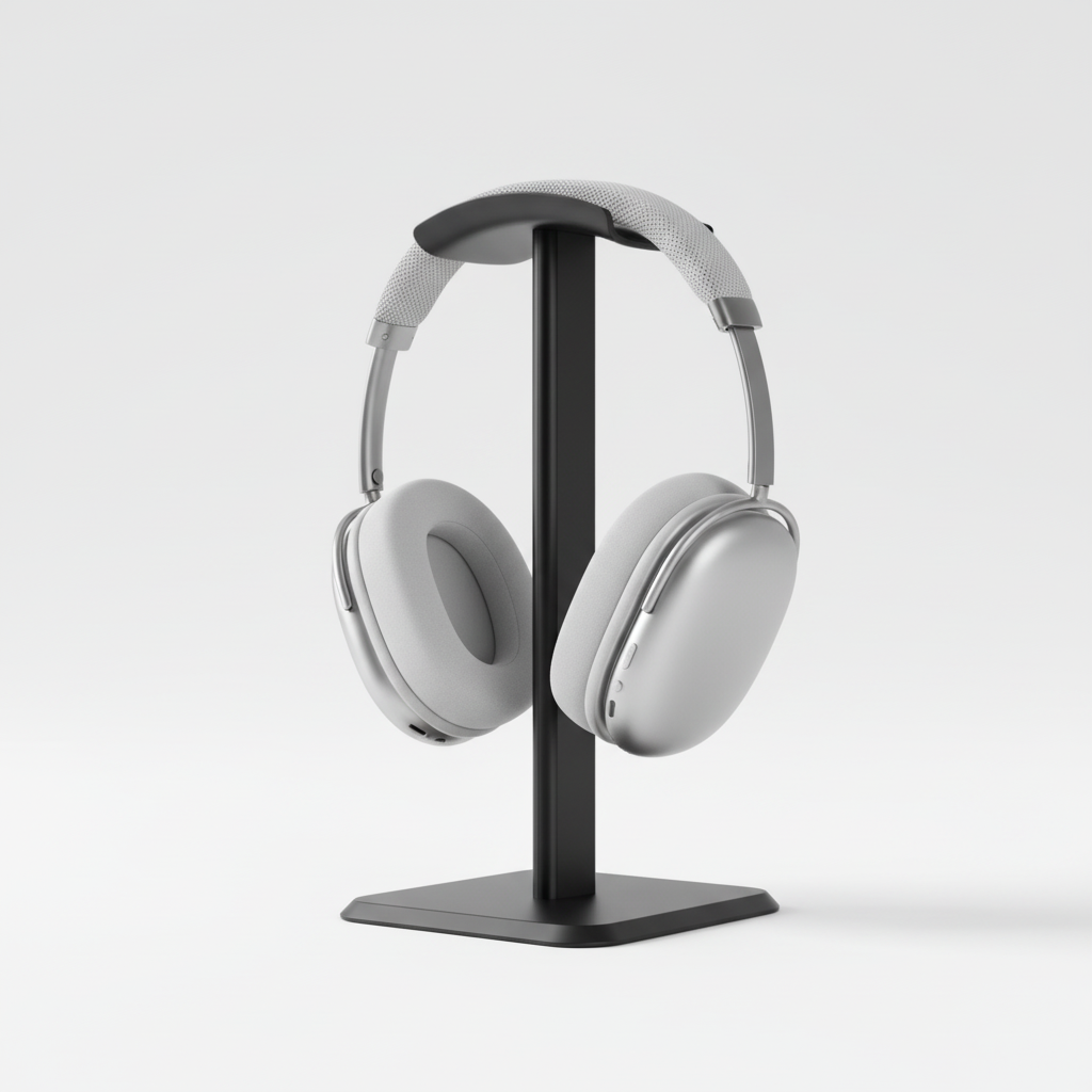 Werbebild mit Ständer und Ihren silbernen Kopfhörern