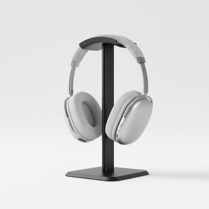 Werbebild mit Ständer und Ihren silbernen Kopfhörern