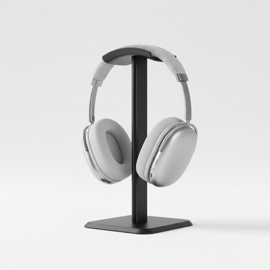 Werbebild mit Ständer und Ihren silbernen Kopfhörern